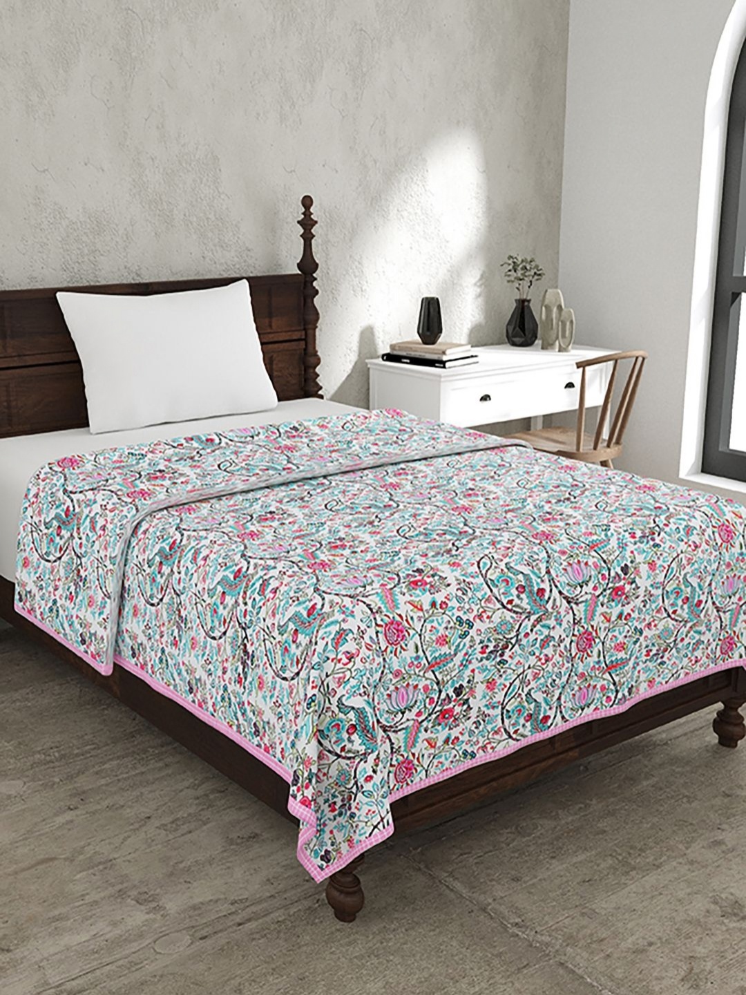 

BELLA CASA Blue & Pink Floral Printed Cotton 110 GSM AC Room Single Bed Dohar