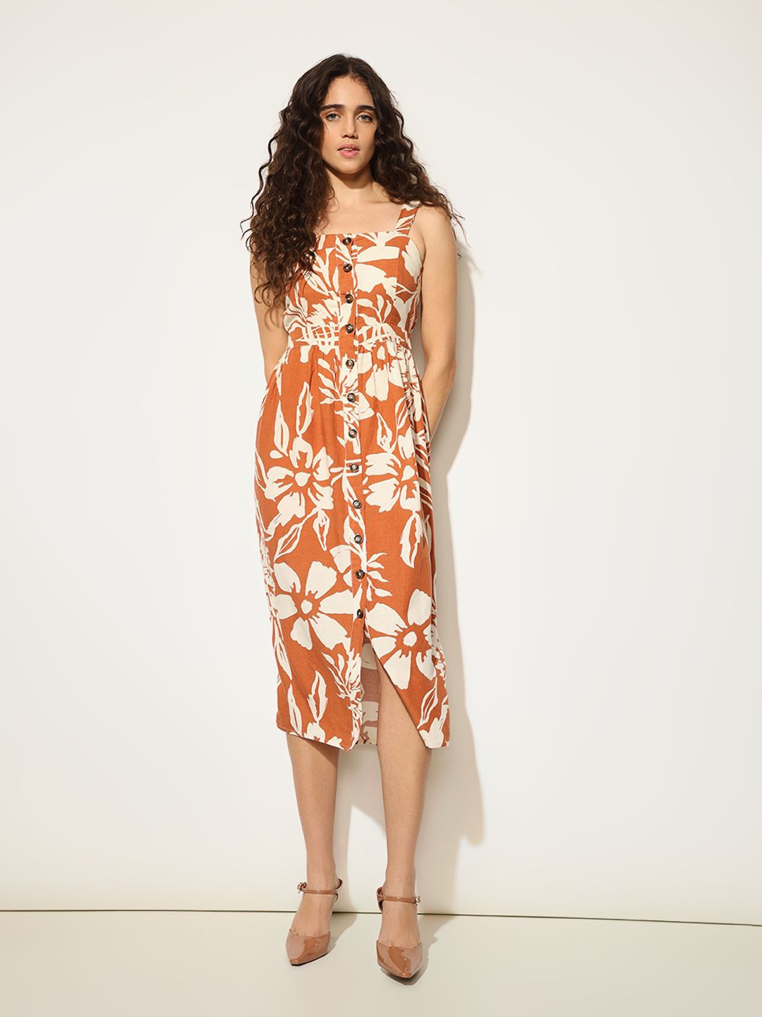 

ONLY Floral Print Fit & Flare Midi Dress, Orange