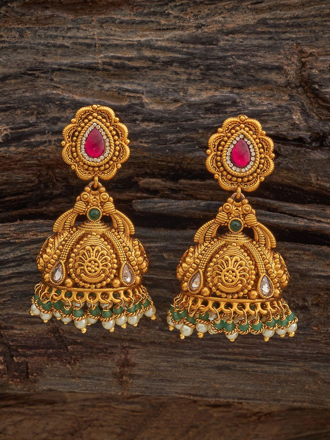 

Kushal's Fashion Jewellery Gold Plated Ruby Studded Dome Shaped Jhumkas Earrings