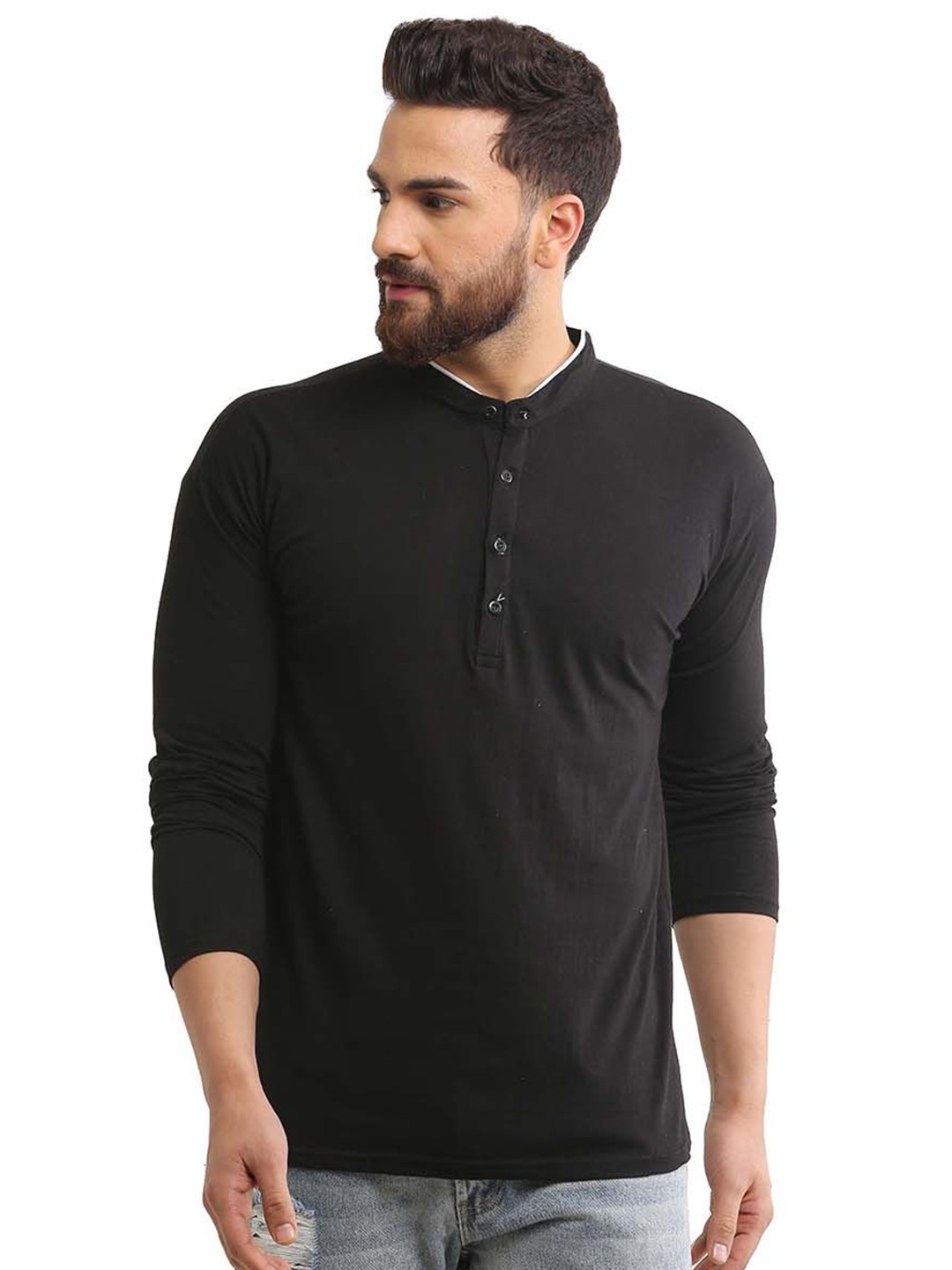 

SCATCHITE Men Solid Henley Neck Cotton T-shirt, Black