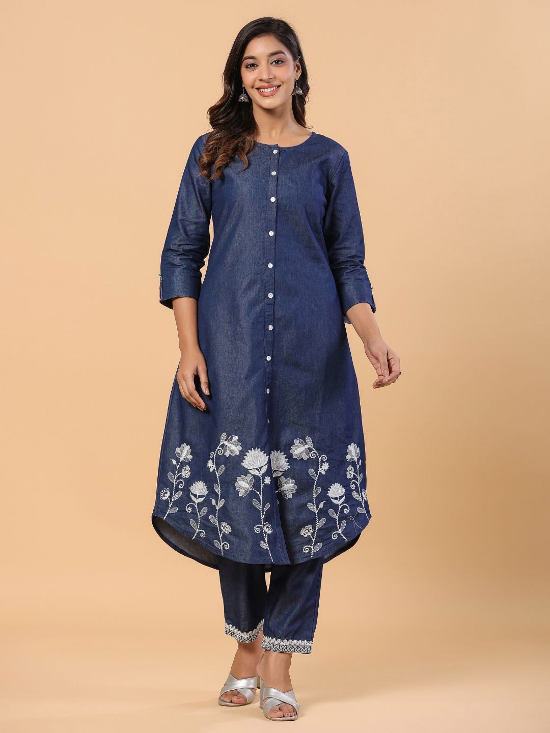 

ANUSHEET Print Denim A-Line Midi Dress, Navy blue