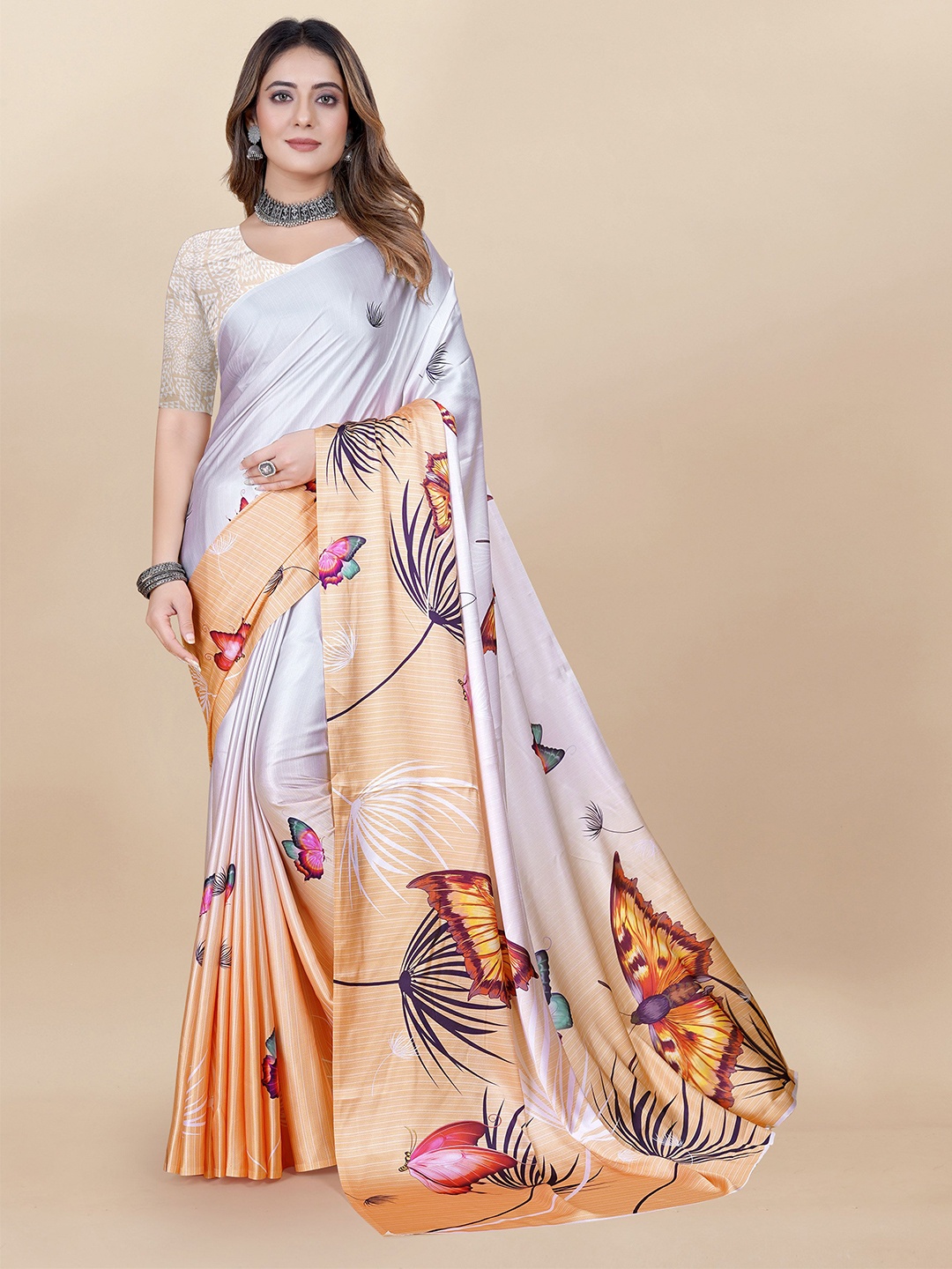 

DIVASTRI Floral Satin Saree, Orange