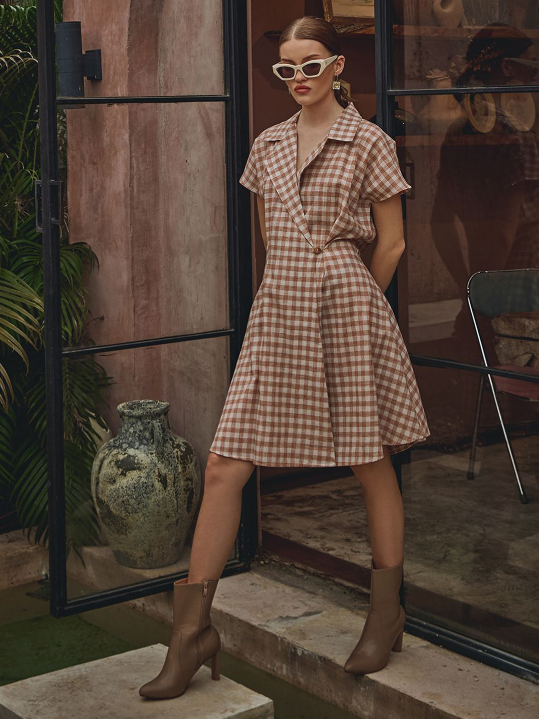 

HOUSE OF FETT Checked Dress, Beige
