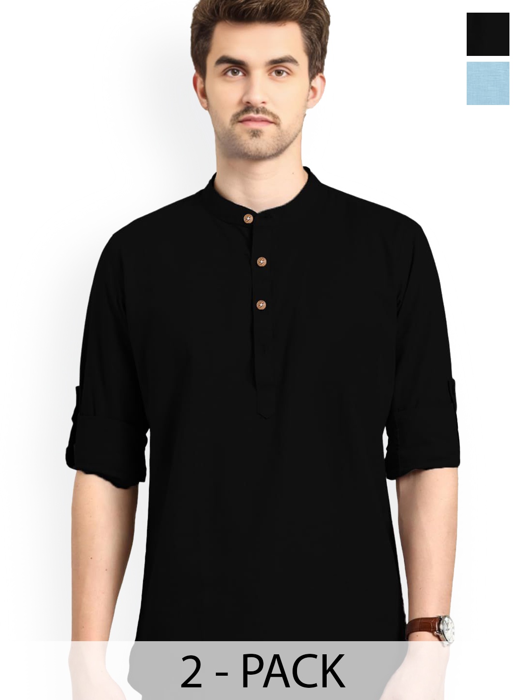 

Vida Loca Selection Of 2 Band Collar Cotton Straight Short Kurtas, Black