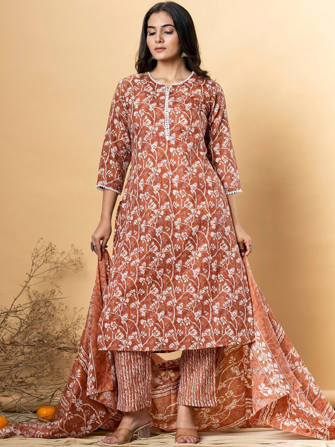 

Readiprint Floral Printed Pure Cotton Straight Kurta With Trousers And Dupatta, Brown