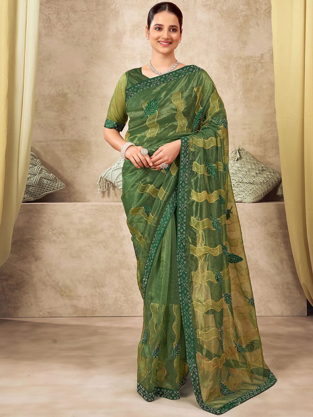 

Mitera Ethnic Motifs Embroidered Supernet Saree, Green