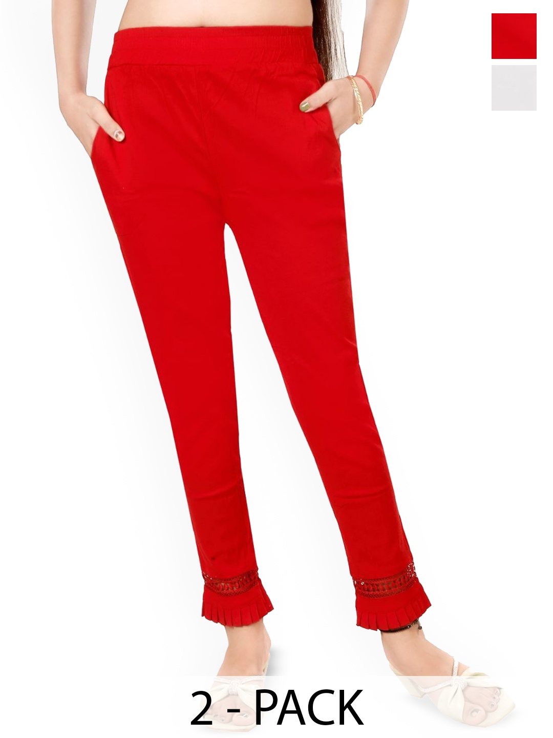 

Fessist Women Pack Of 2 Relaxed Slim Fit Easy Wash Pleated Cigarette Trousers, Multi