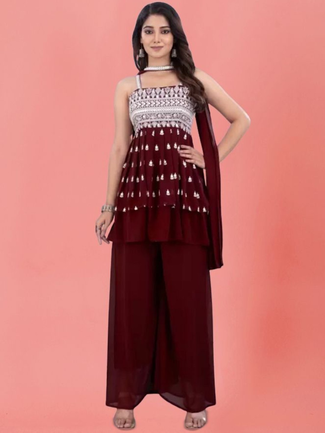 

PARROT CREATION Embroidered Straight Sequinned Kurti With Palazzos And Dupatta, Maroon