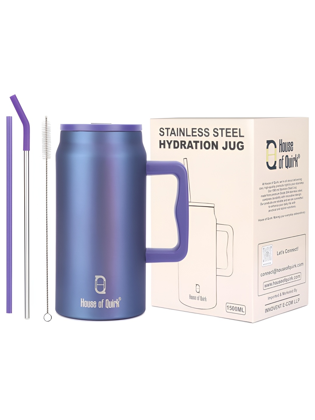 

HOUSE OF QUIRK Blue Stainless Steel Mug Tumbler With Handle & 2 Straw Lid 1500ml