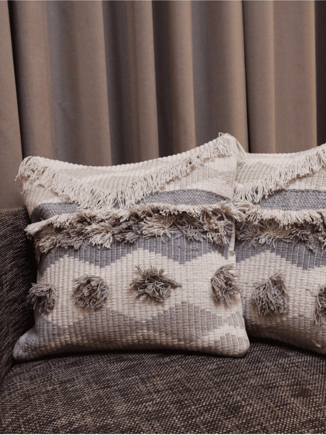 

LUSHLYF Tufted Off White & Grey 2 Pieces Geometric Textured Cotton Square Cushion Covers