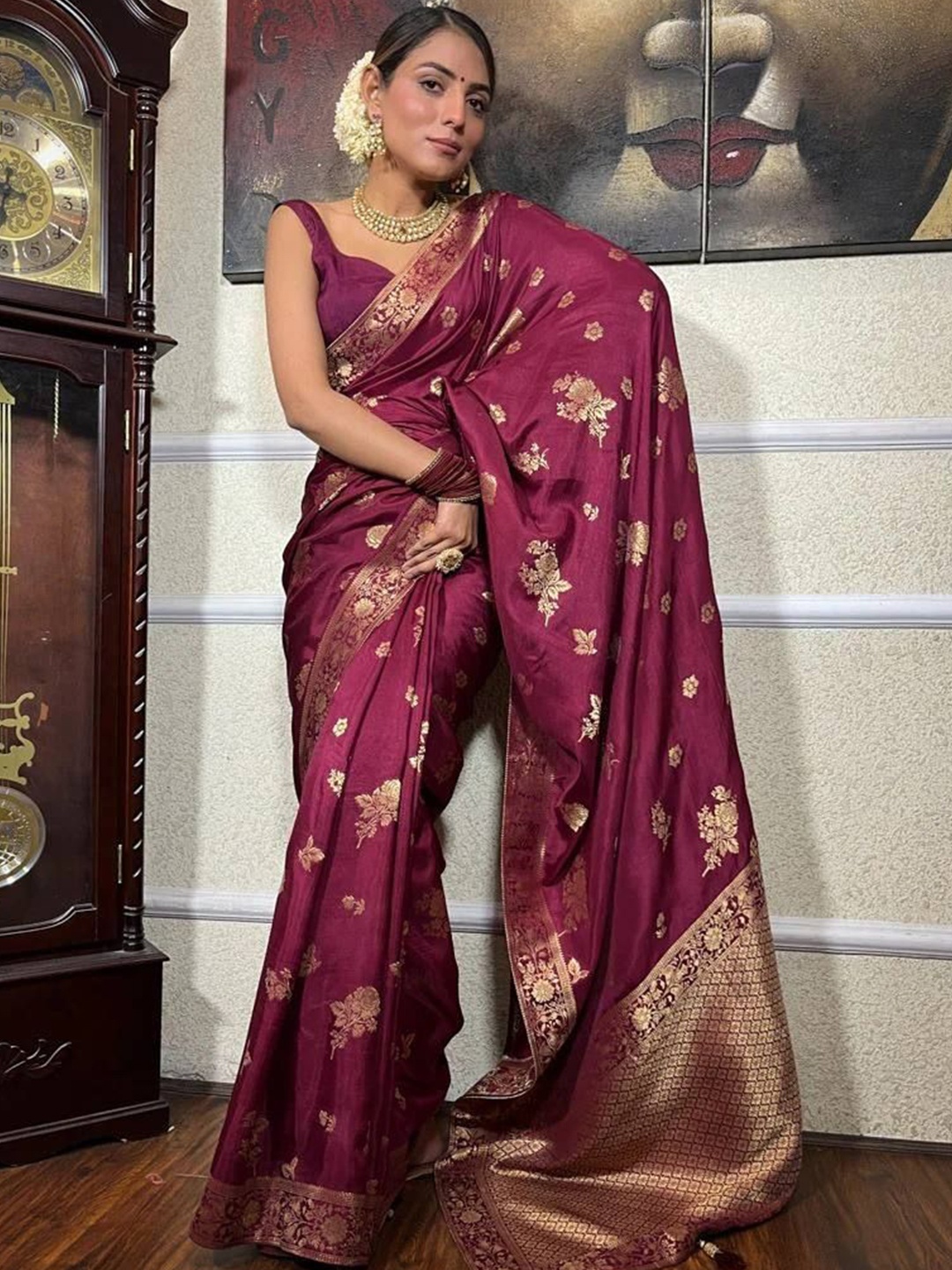 

A TO Z CART Woven Design Zari Pure Silk Banarasi Saree, Purple