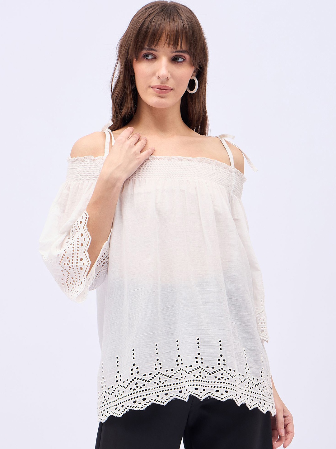 

DressBerry Women Off-Shoulder Three-Quarter Sleeves Schiffli Cotton Top, White