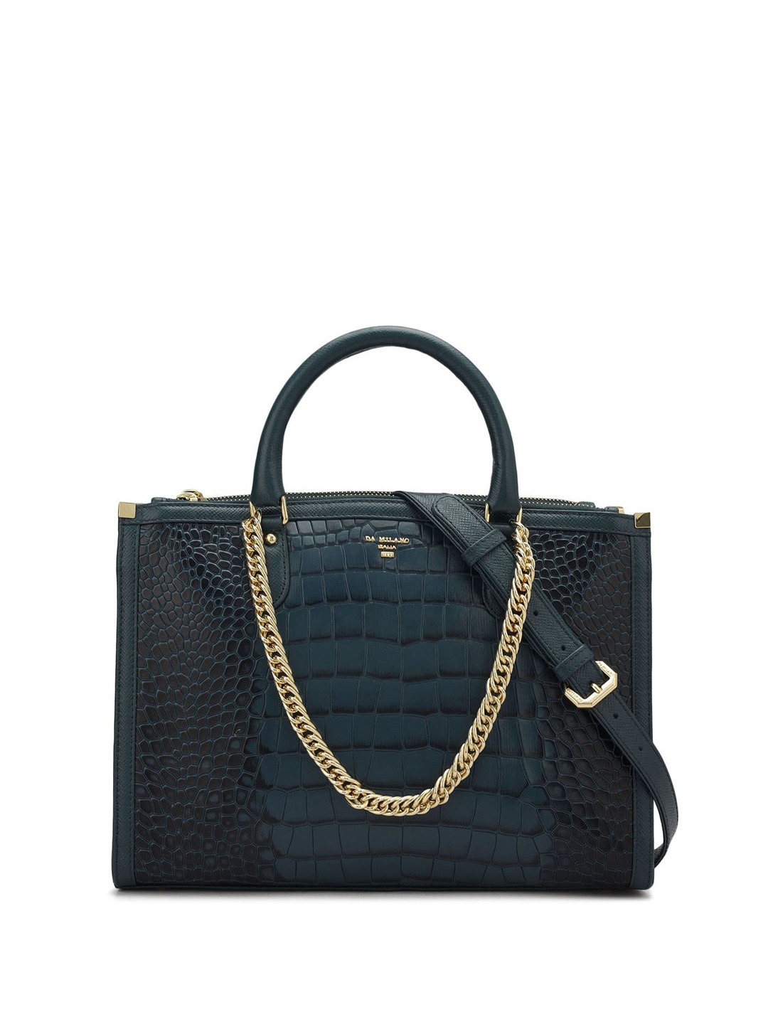 

Da Milano Animal Textured Leather Structured Satchel with Quilted, Blue