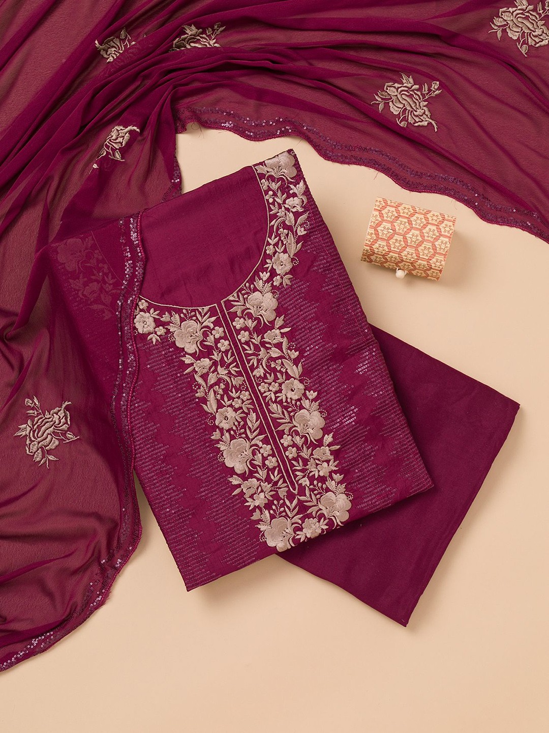 

Koskii Floral Embroidered Sequinned Unstitched Dress Material, Purple