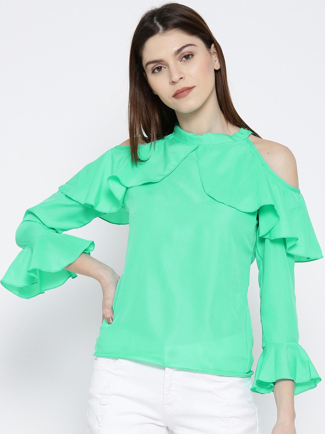 

Moda Rapido Women Solid Cold-Shoulder Ruffles Top, Sea green