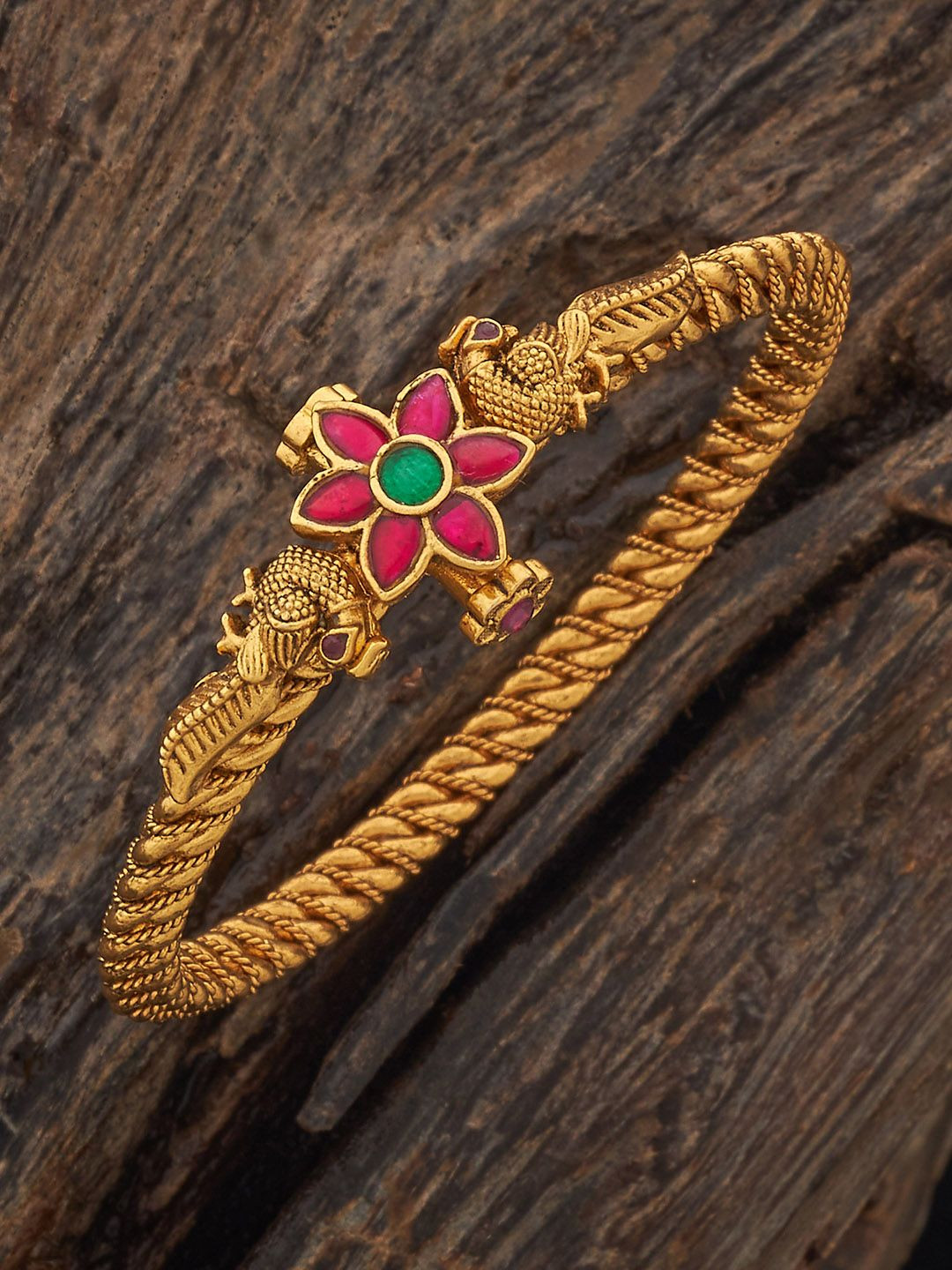 

Kushal's Fashion Jewellery Ruby-Green Gold-Plated Ethnic Antique Kada