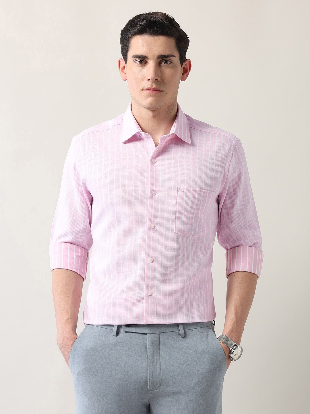 

Arrow Men Slim Fit Opaque Striped Formal Shirt, Pink