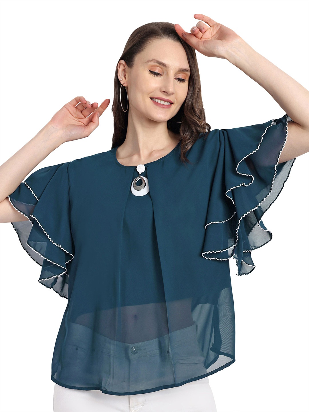 

HAUTEMODA Bell Sleeve Georgette Top, Blue