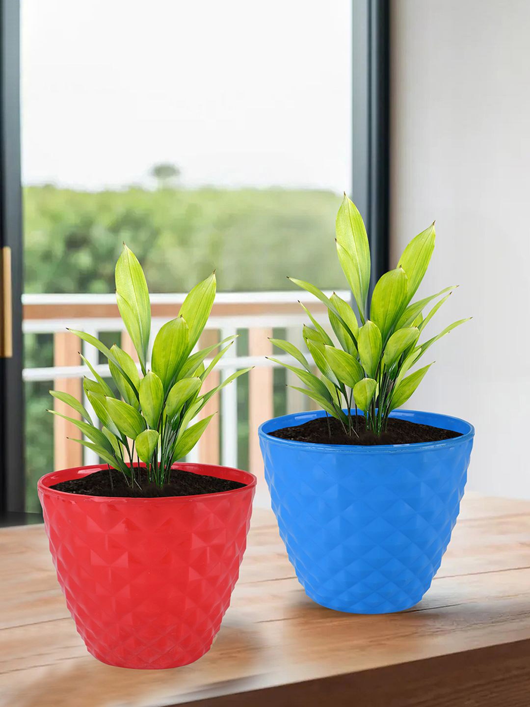 

Kuber Industries Red & Blue 4 Pieces Diamond Pattern Flower Pots for Garden