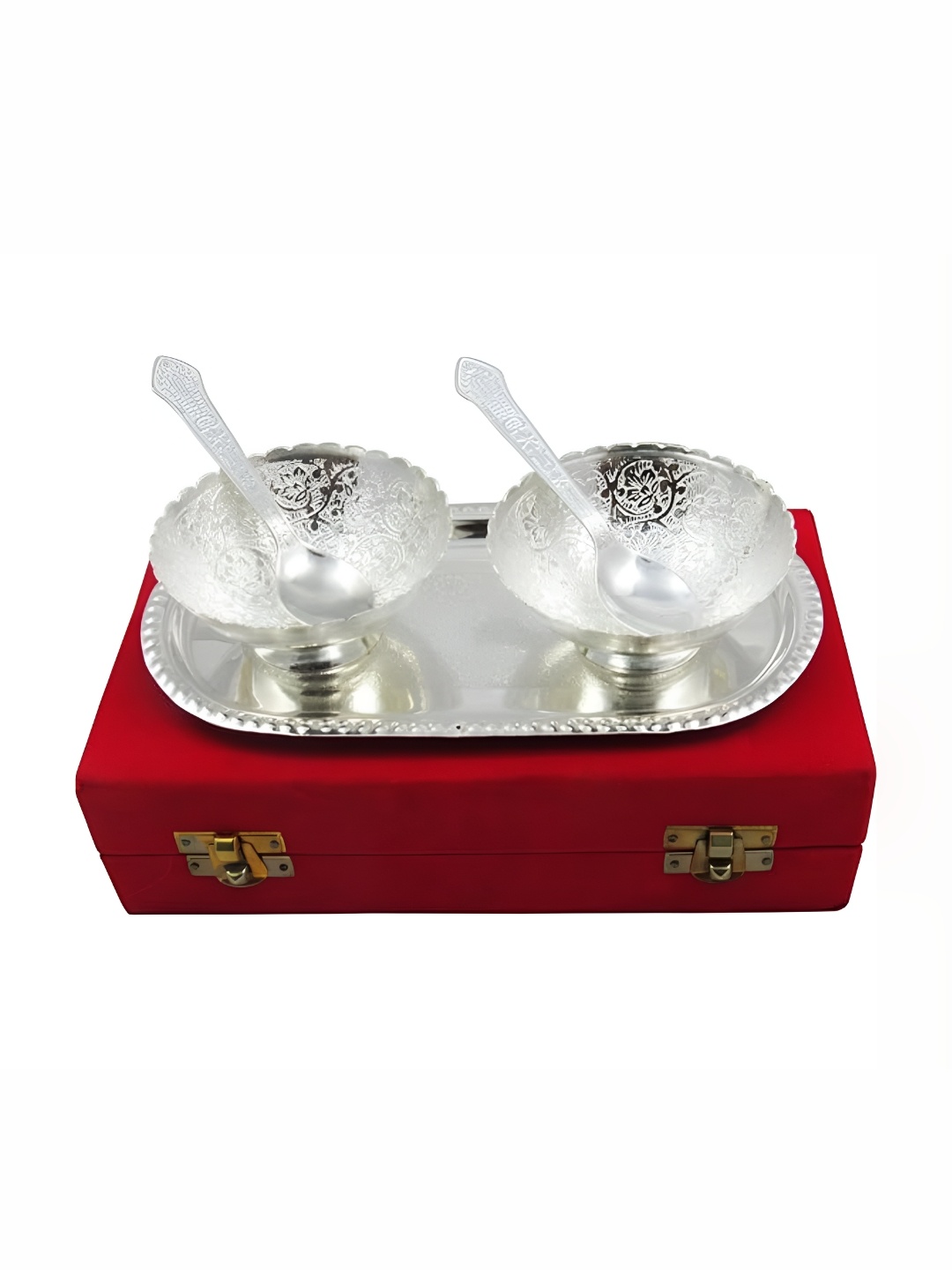 

Shreedah 5 Pieces Silver Polished Textured Tray With Bowl & Spoon