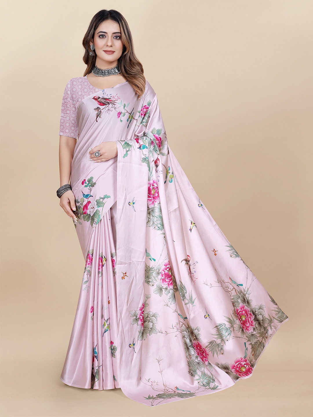 

DIVASTRI Floral Satin Saree, Pink