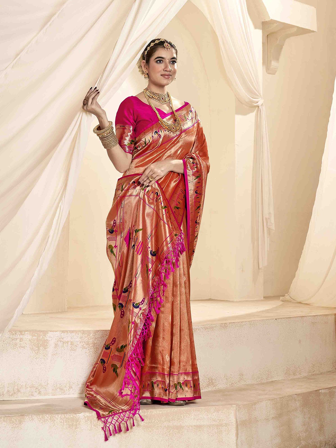 

Mitera Ethnic Motifs Woven Design Zari Paithani Saree, Rust