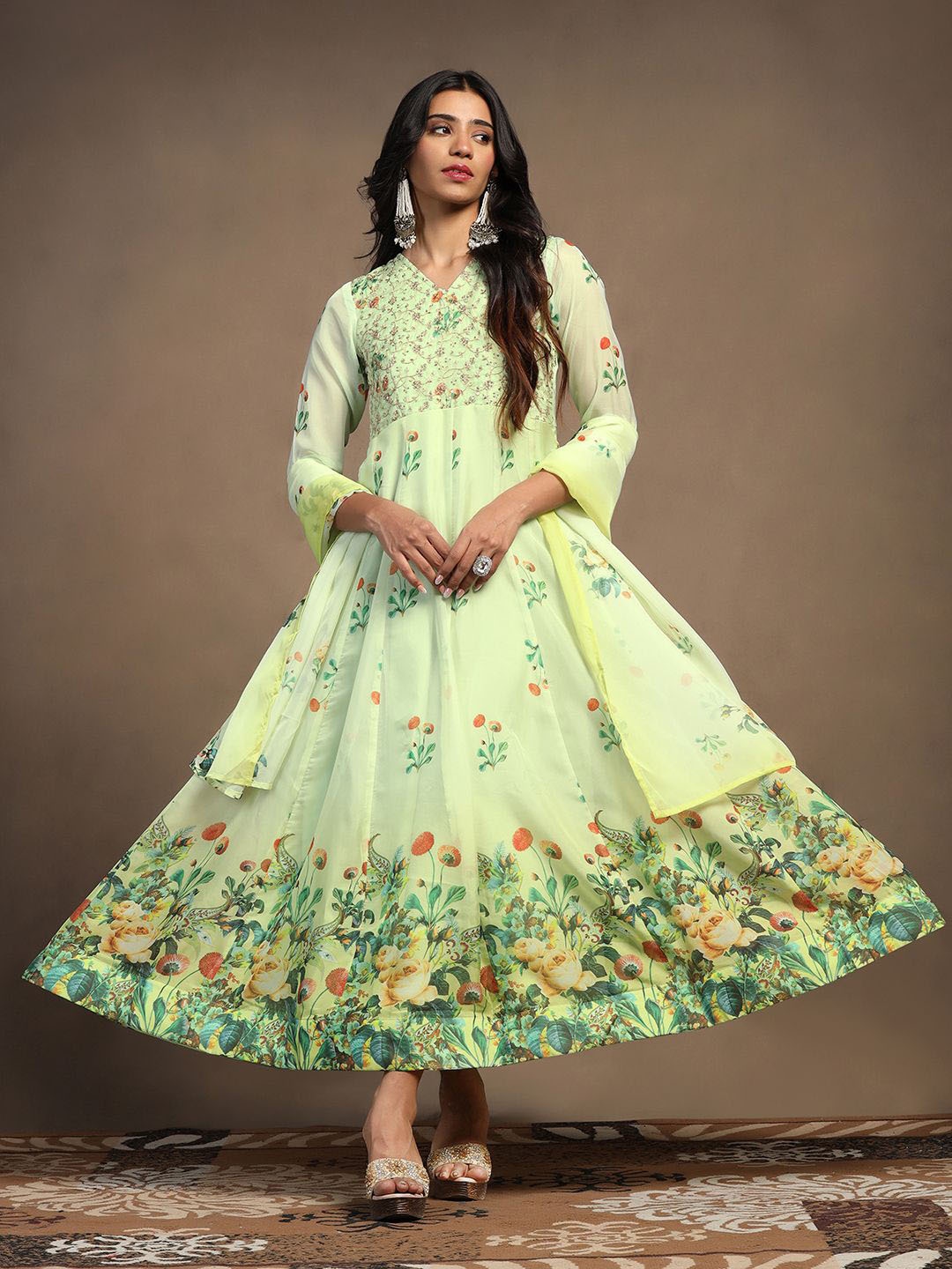 

Sangria Floral Printed V-Neck Anarkali Kurta & Trouser With Dupatta, Green