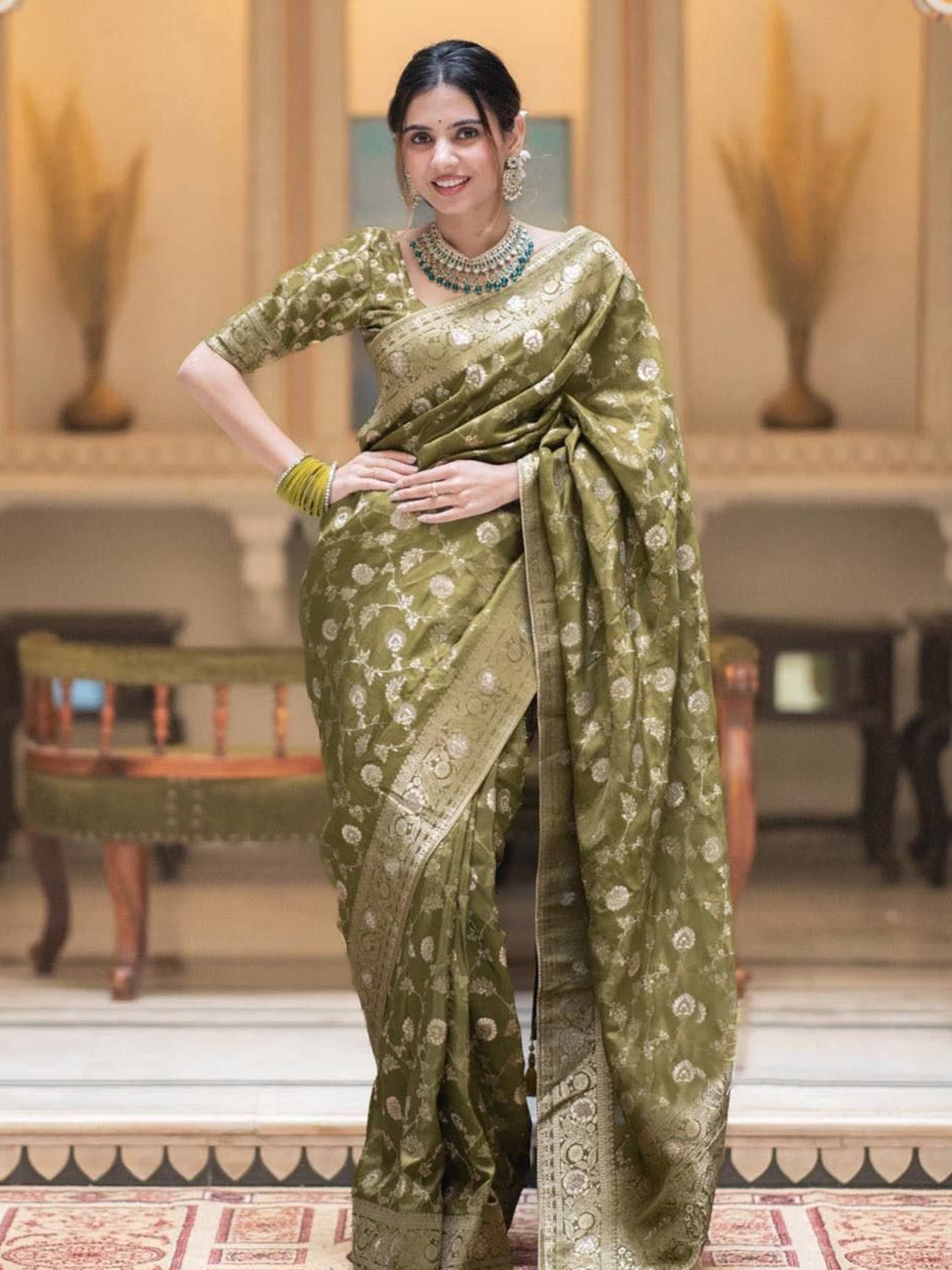 

A TO Z CART Woven Design Zari Pure Silk Banarasi Saree, Olive