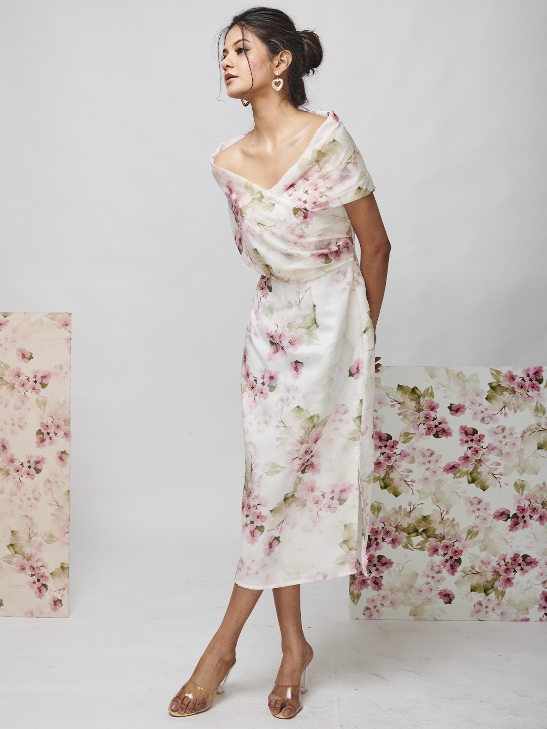 

WEAVING CULT Women Floral Print Off-Shoulder Midi Wrap Dress, White