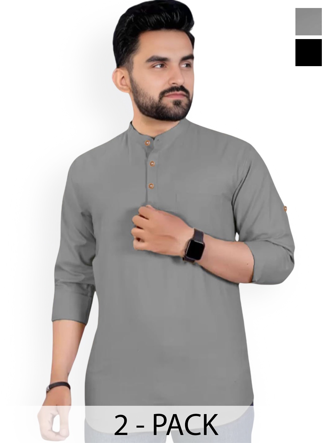 

Vida Loca Selection Of 2 Band Collar Cotton Slim Fit Straight Short Kurtas, Grey