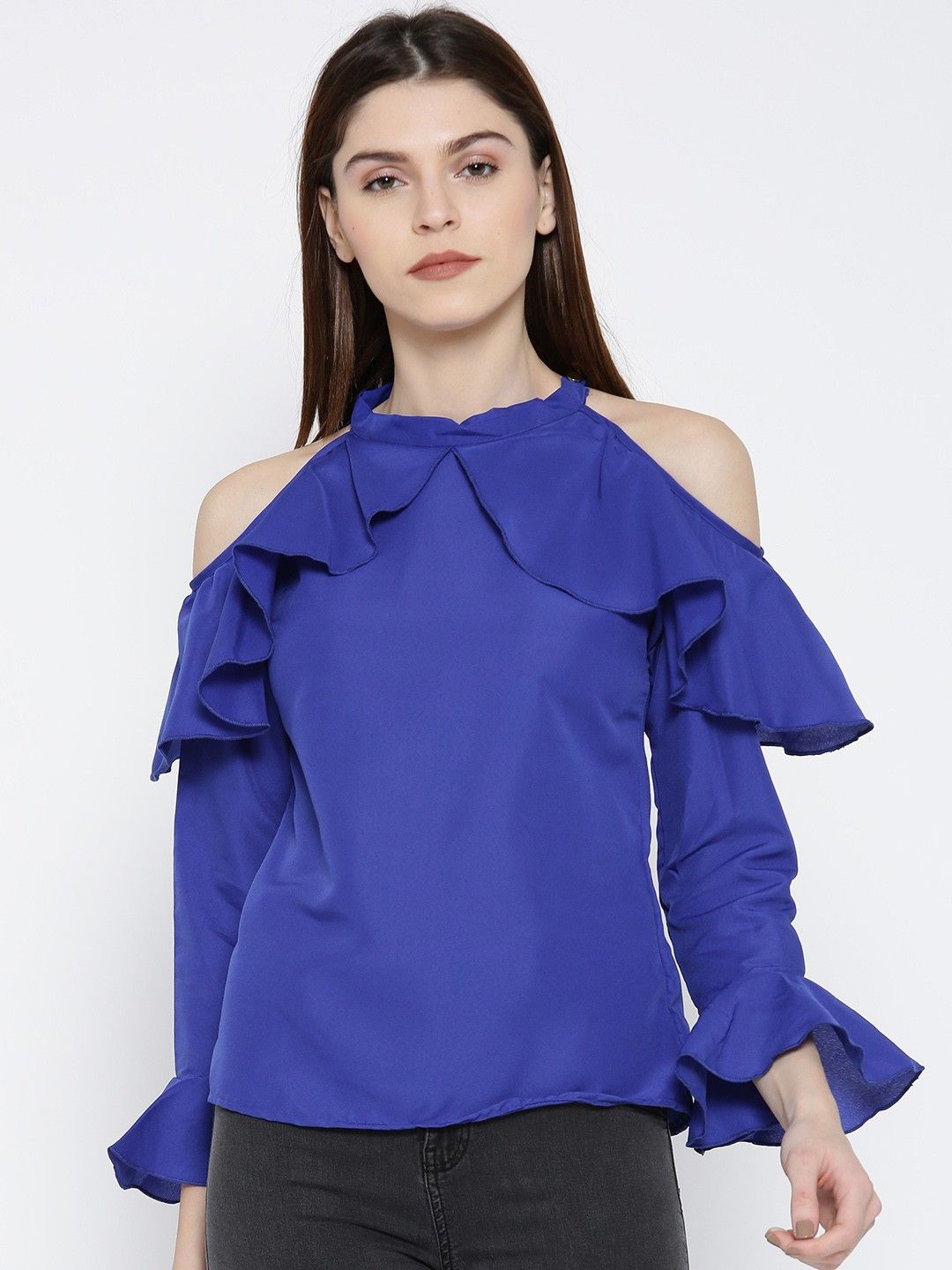 

Moda Rapido Women Round Neck Cold-Shoulder Sleeves Ruffles Top, Blue