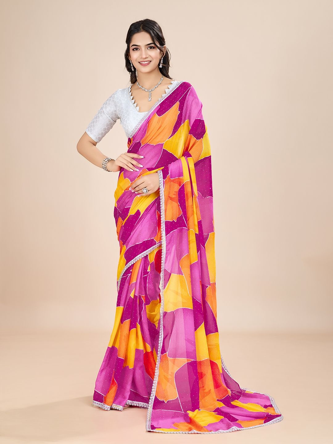 

Rhey Printed Beads and Stones Pure Georgette Saree, Purple