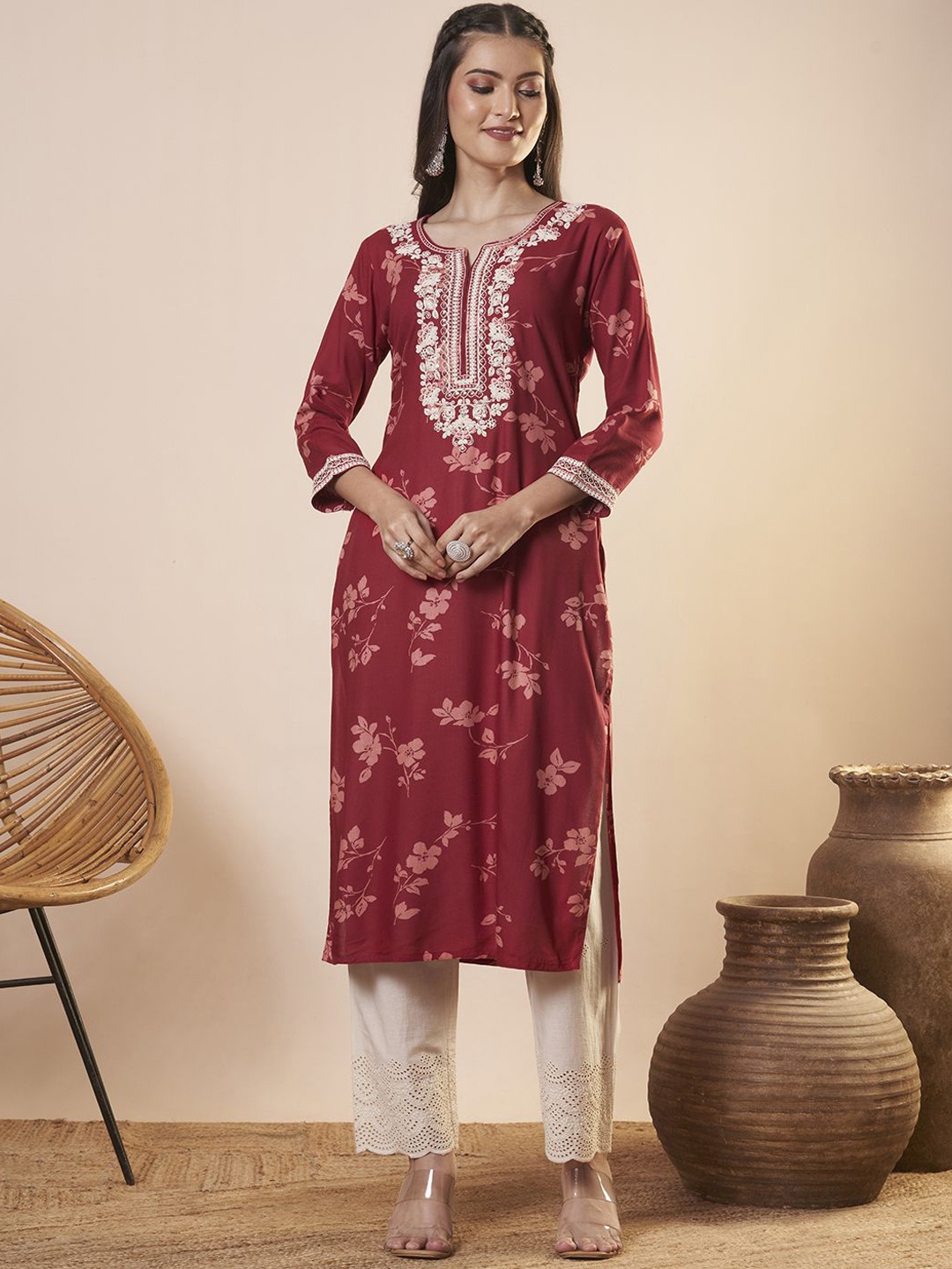 

FASHOR Floral Printed Zari Pure Cotton Straight Kurta, Red