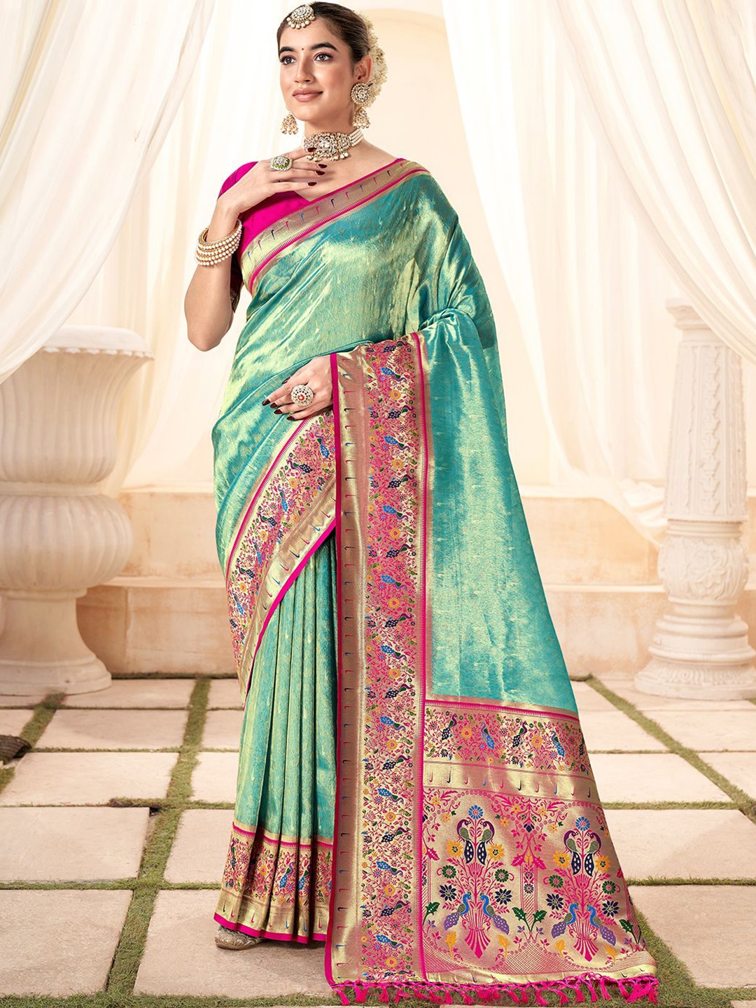 

DIVASTRI Woven Design Zari Tissue Paithani Saree, Teal