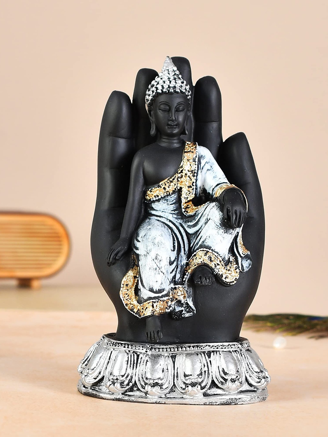 

CRAFTAM Black and Silver-Toned Palm Buddha Idol Showpiece