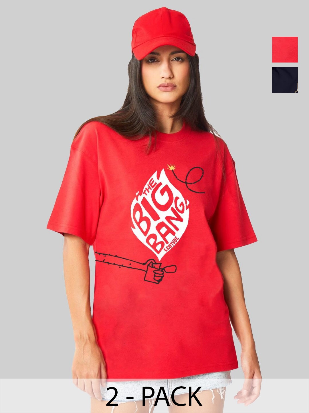

Leotude Women Pack Of 2 Typography Printed Round Neck Cotton Oversized T-shirts, Red