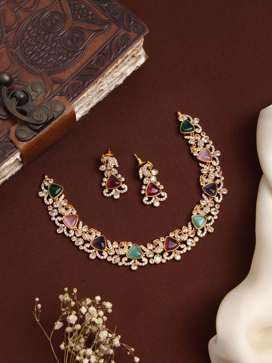 

Kattam Gold Plated Megna Peacock Multistone Choker