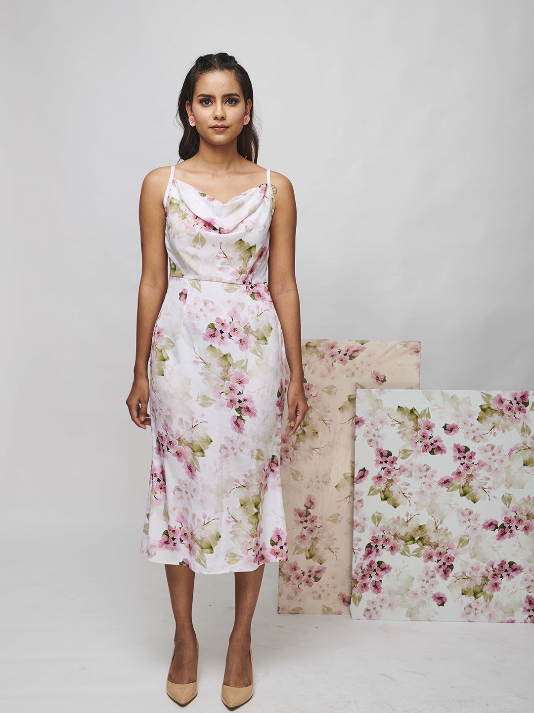 

WEAVING CULT Women Floral Printed Cowl Neck Sleeveless Midi Sheath Dress, White
