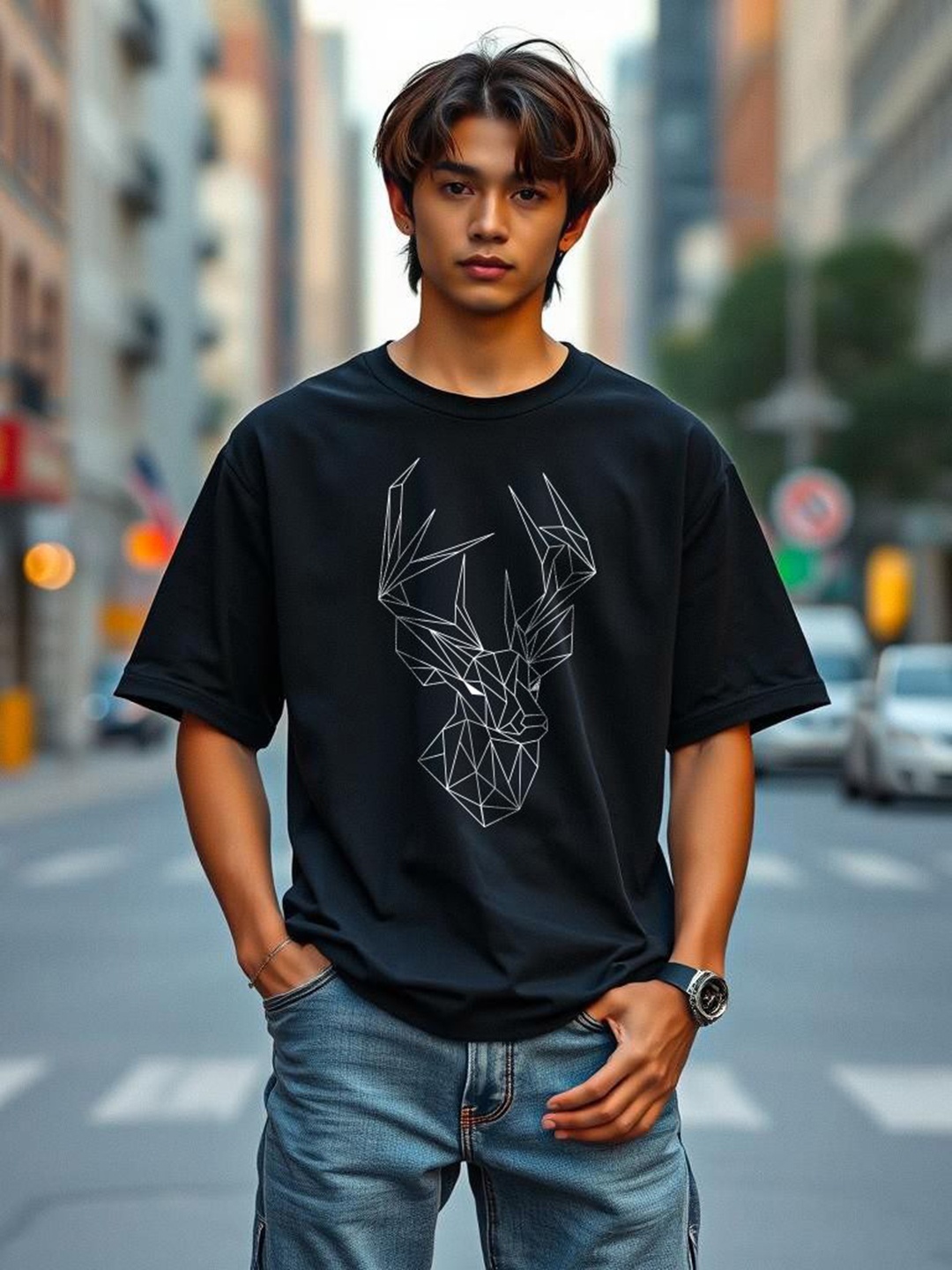 

TOGS & TERRE Men Graphic Printed Round Neck Cotton Oversized T-shirt, Black