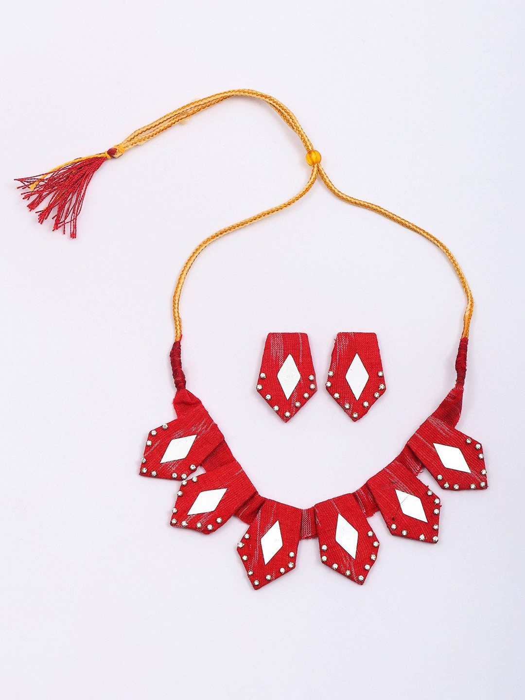 

Exotic India Red Handloom Sambalpuri Fabric Necklace and Earrings Set with Mirror Work, Gold