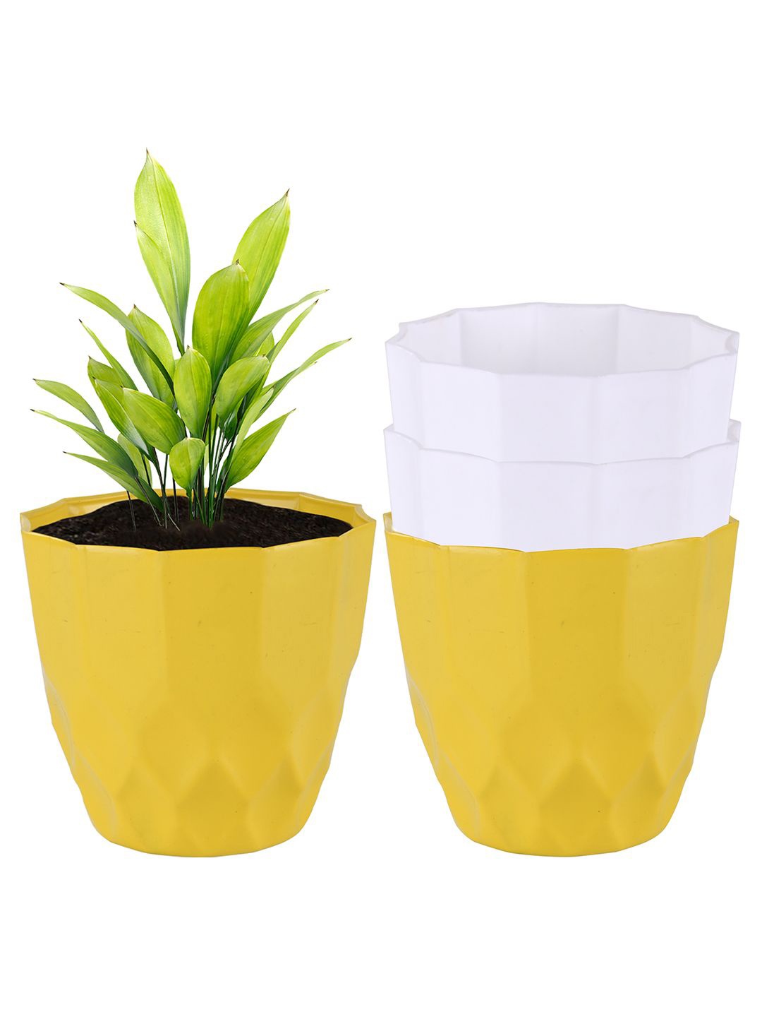 

Kuber Industries White & Yellow 4 Pieces Barfi Pattern Flower Pots for Garden