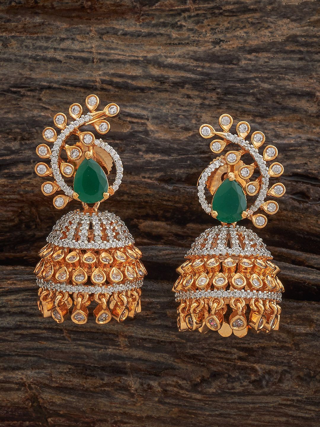 

Kushal's Fashion Jewellery Rodium-Gold Plated Zircon Studded Dome Shaped Jhumkas Earrings, Green