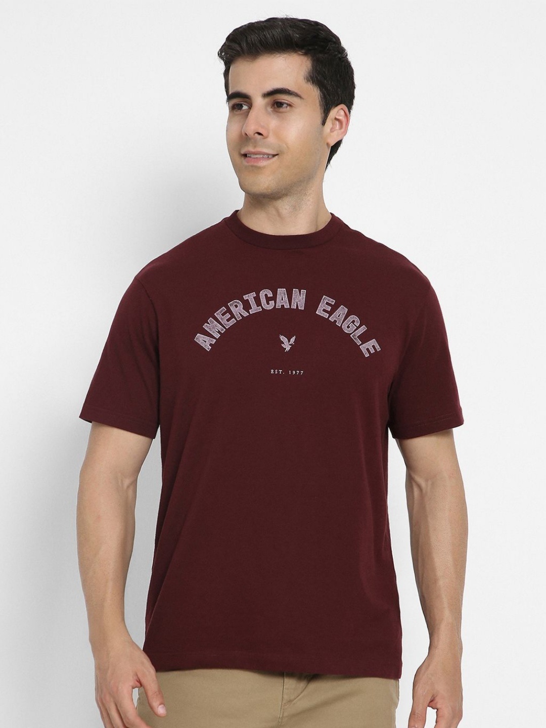 

AMERICAN EAGLE OUTFITTERS Men Typography Printed Round Neck Cotton T-shirt, Maroon