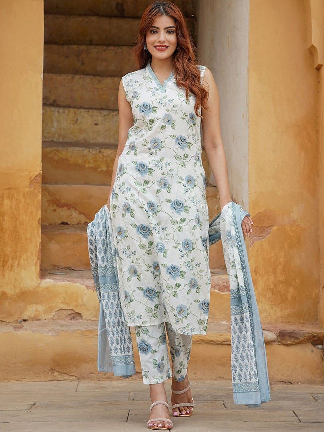 

Ethnic Yard Floral Printed V-Neck Straight Kurta With Trouser And Dupatta, White