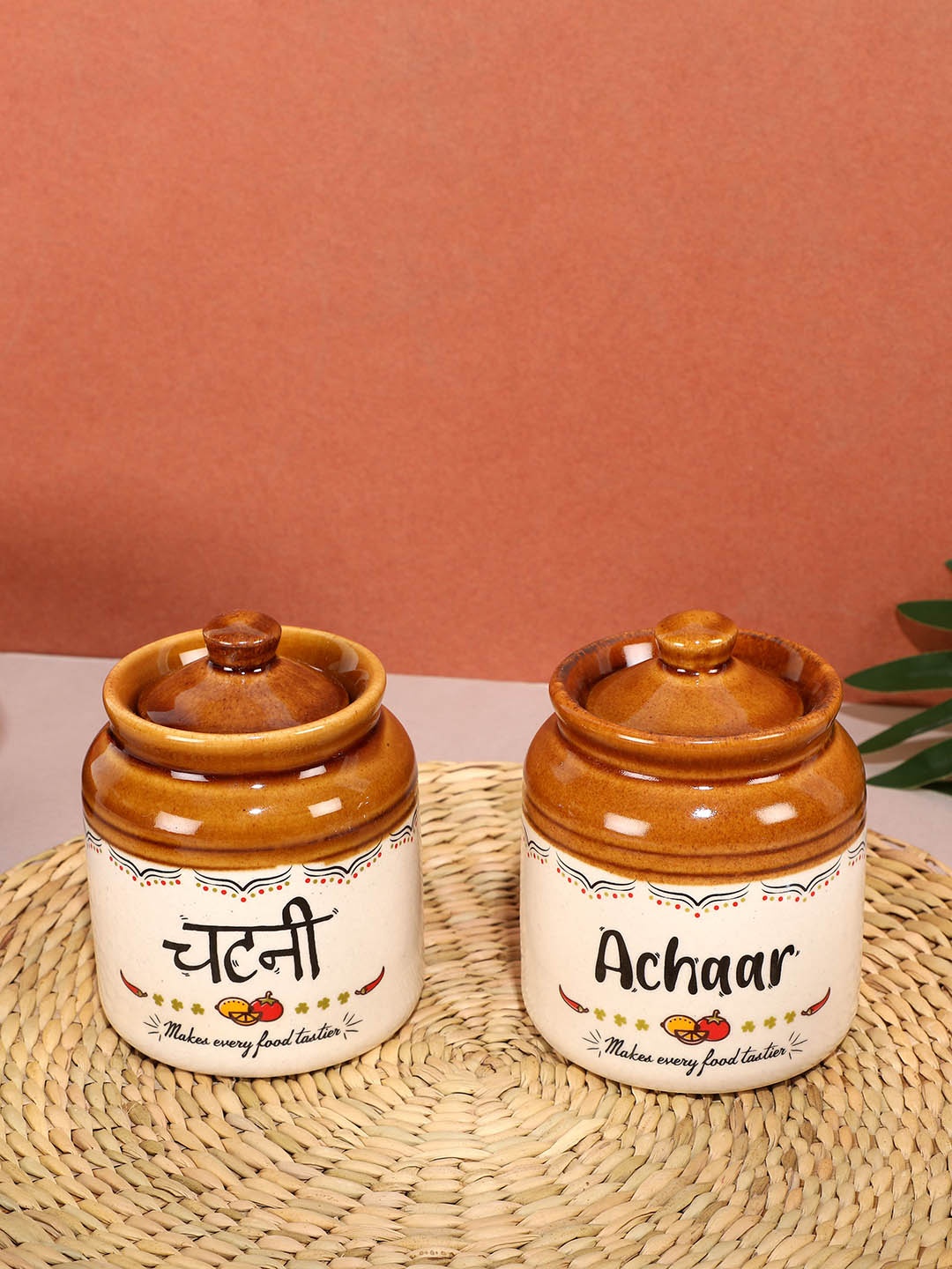 

EK DO DHAI White & Brown 2 Pieces Printed Canister Containers-300ml Each