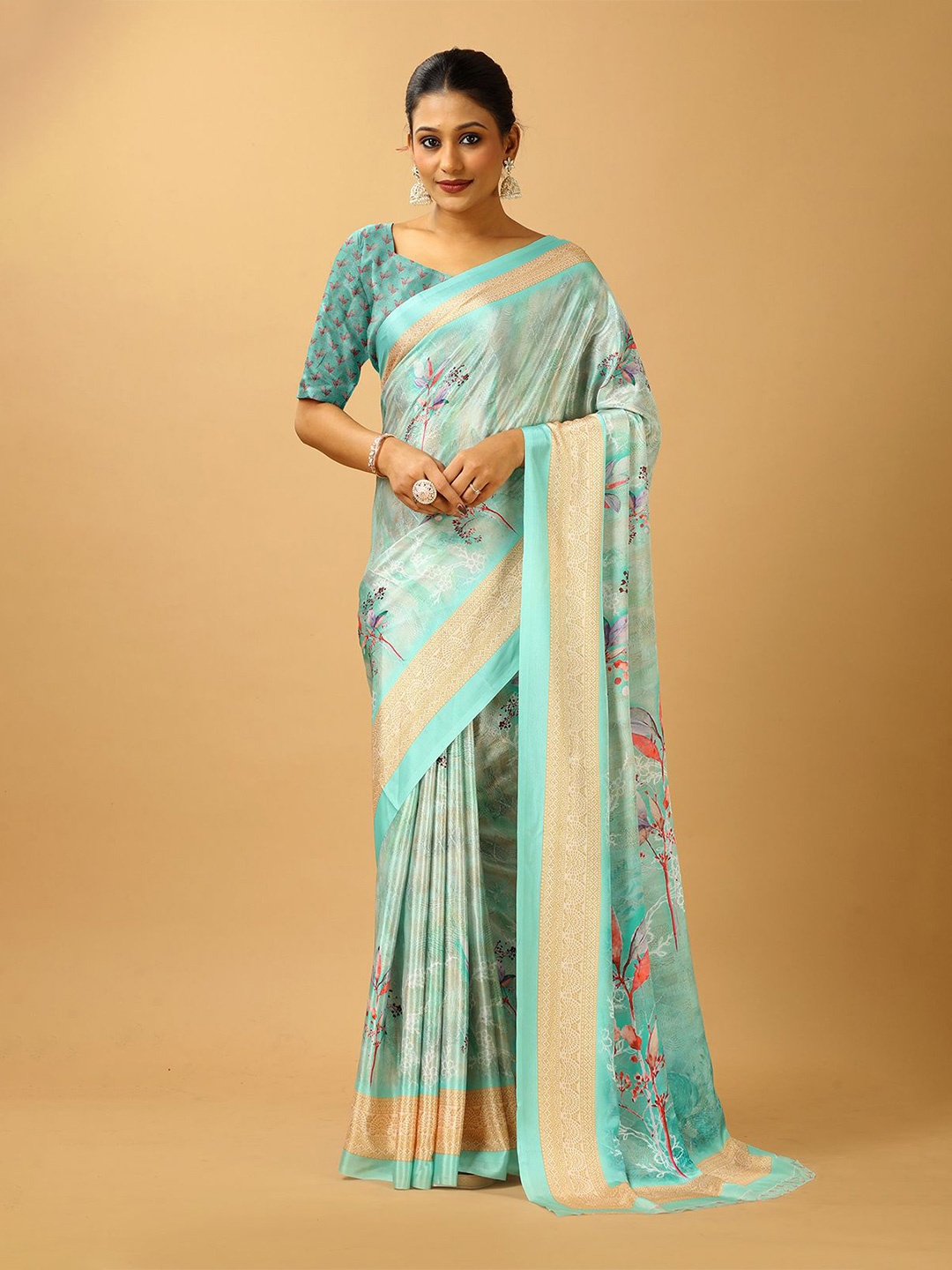 

A.V.M. SILK MILLS Floral Printed Pure Crepe Saree, Green