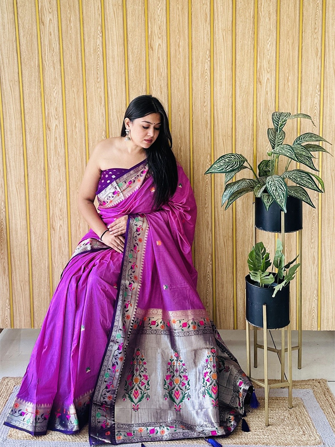 

Moda Rapido Woven Design Zari Silk Blend Paithani Saree, Purple