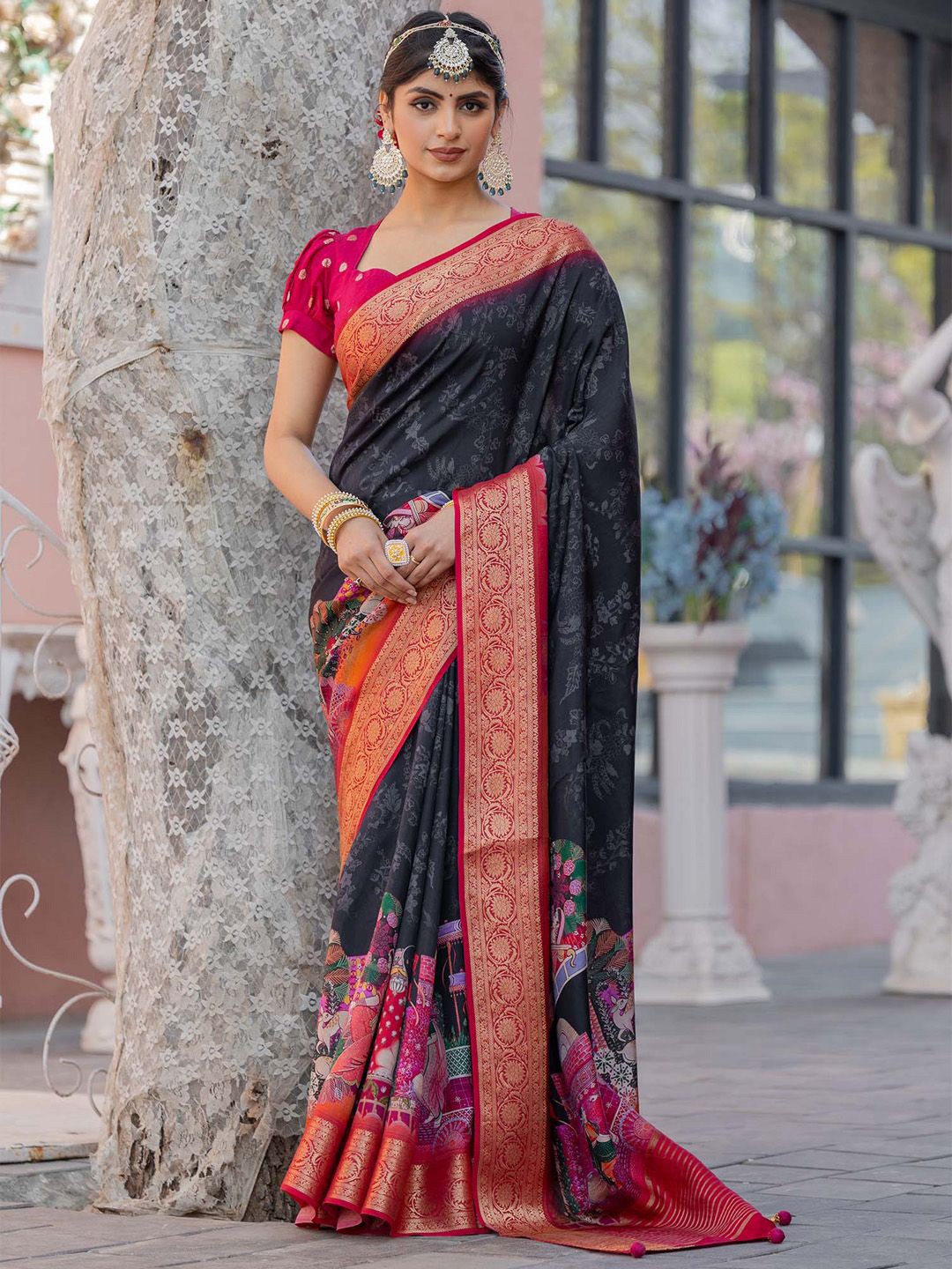 

Anouk Kalamkari Zari Sungudi Saree, Grey