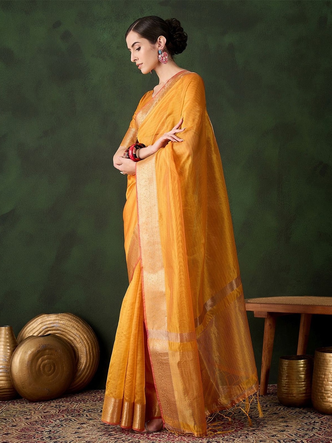

ODETTE Yellow Organza Woven Saree With Unstitched Blouse