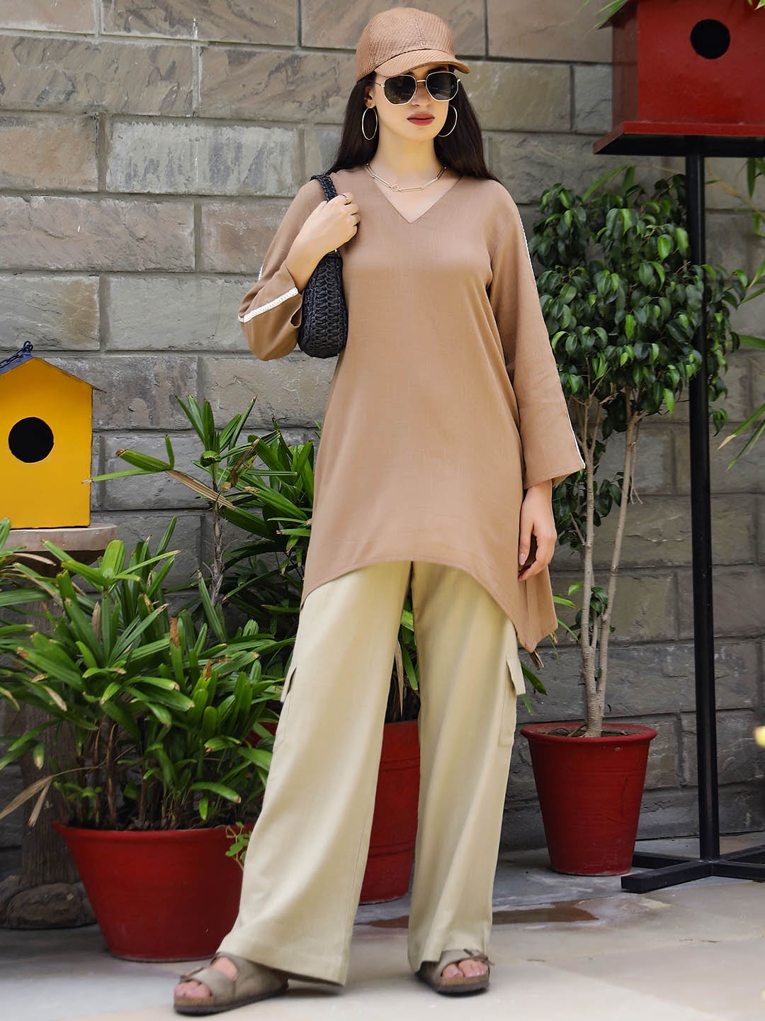 

Gulaal Pure Cotton V-Neck Top With Trouser, Brown